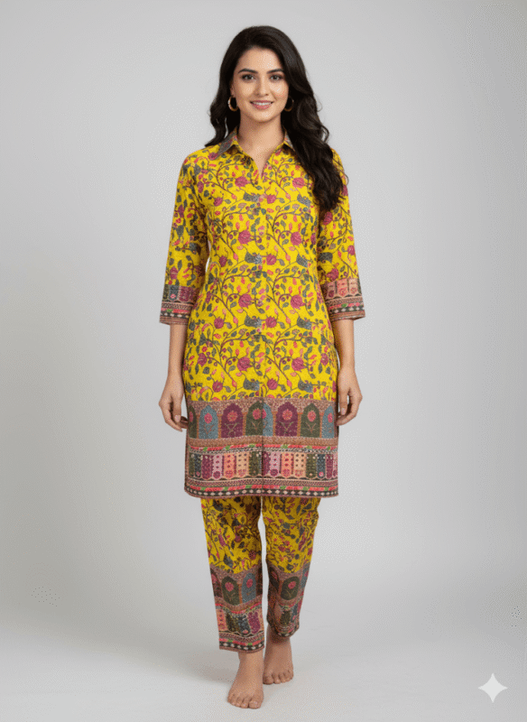 Floral Yellow Two Piece Set Kurti