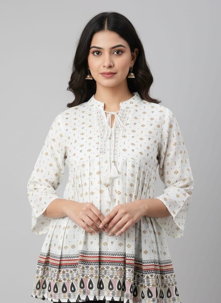 High Neck Flower Print Short Kurti