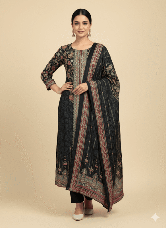 Stunning Crepes Silk Pakistani Black Set