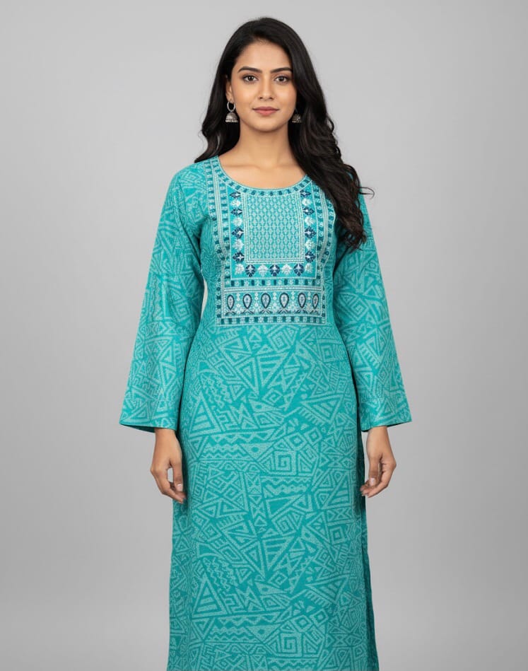 Embroidered Aqua Blue Casual Wear Kurti