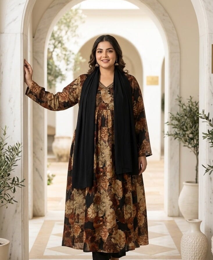 Elegant Georgette Flower Print Plus Size Kurti Sri Lanka