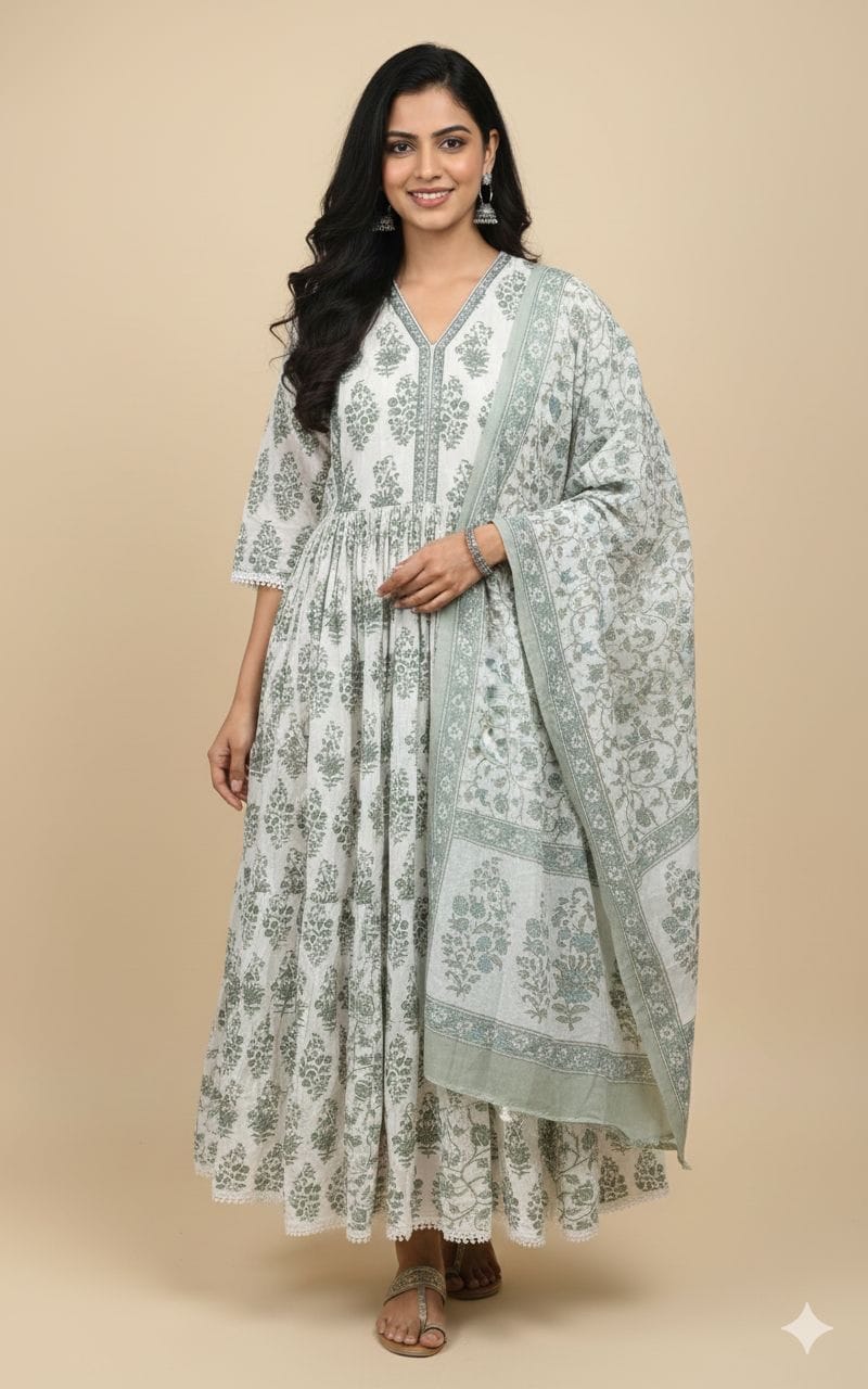 V - Neck Cotton Anarkali With Cotton Shawl