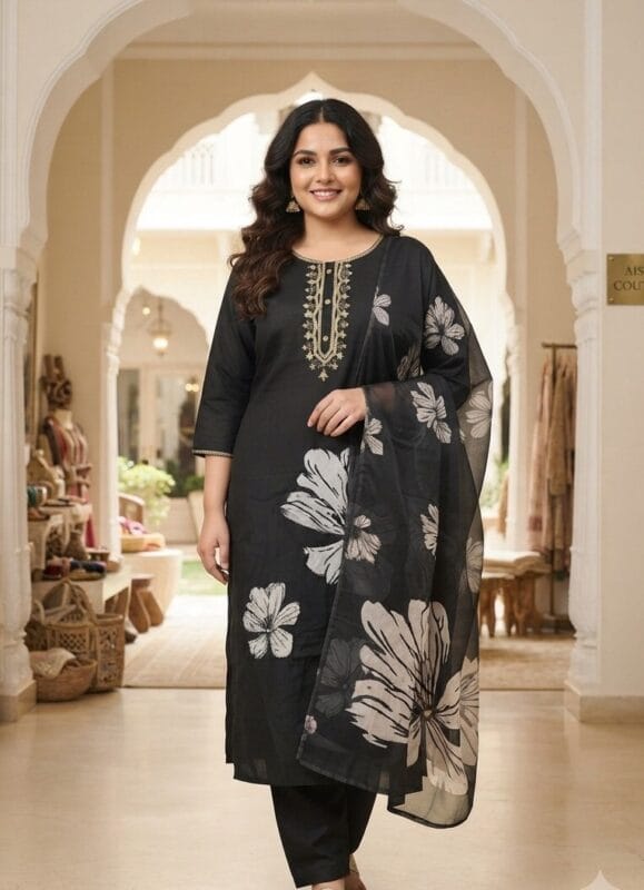 Black Big Flower Straight Cut Plus Size Set Kurti Sri Lanka