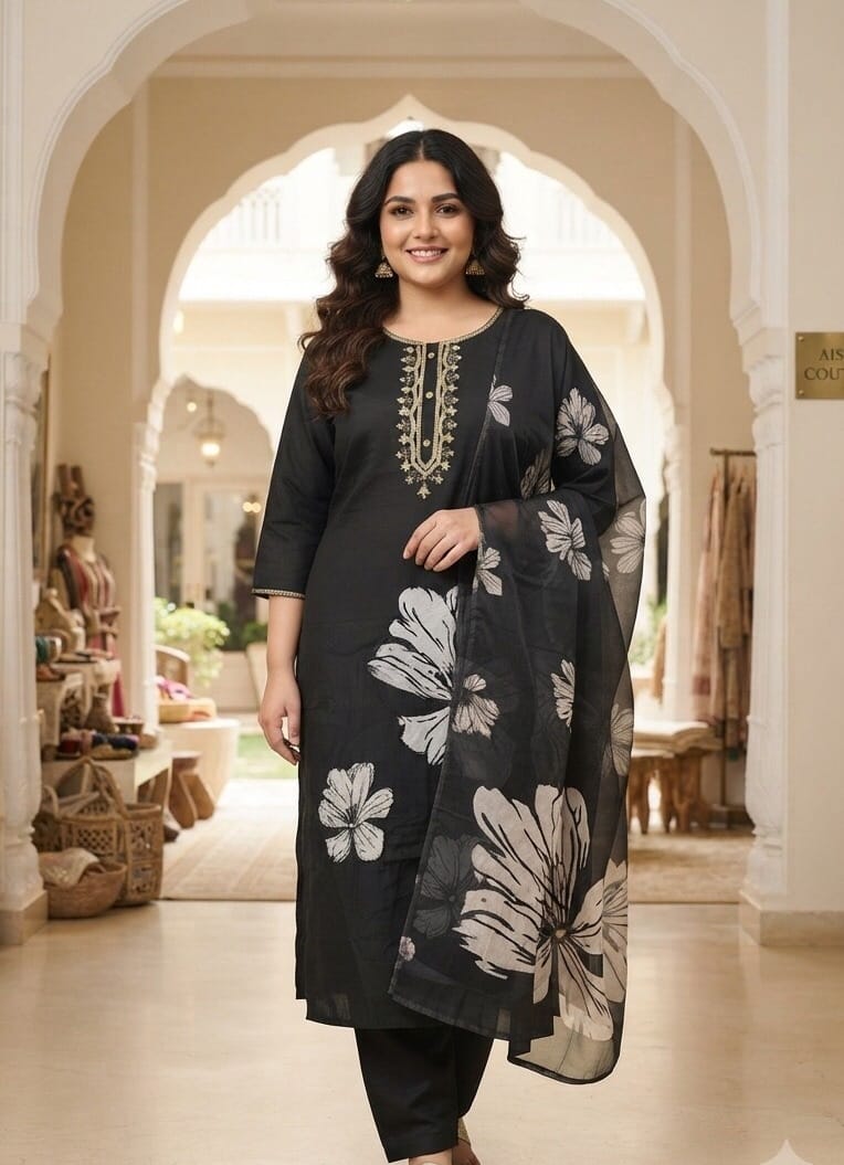 Black Big Flower Straight Cut Plus Size Set Kurti Sri Lanka