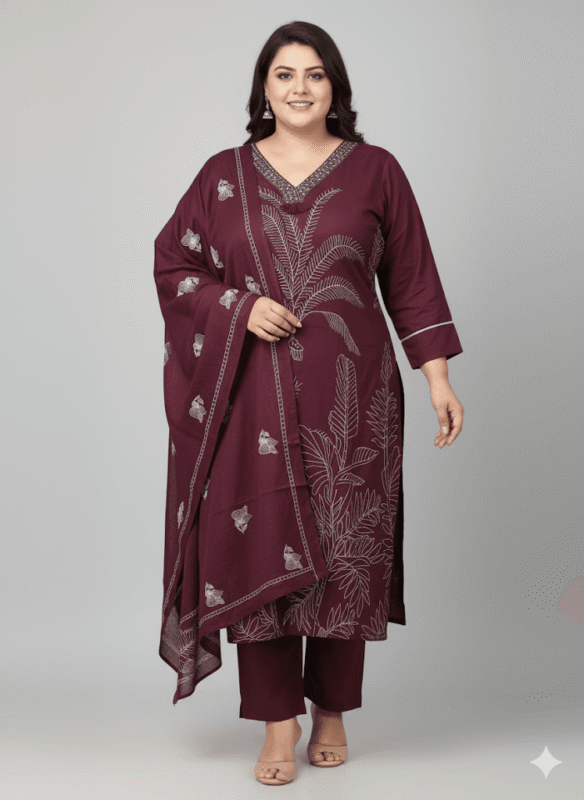 Royal Plum V-Neck Plus Size Kurti Set