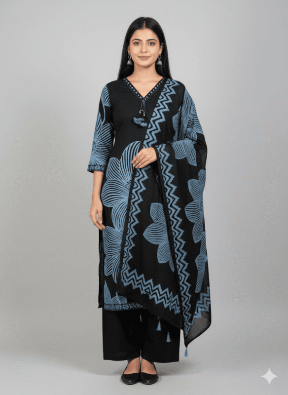 Navy Bloom Cotton Ensemble Set Kurti