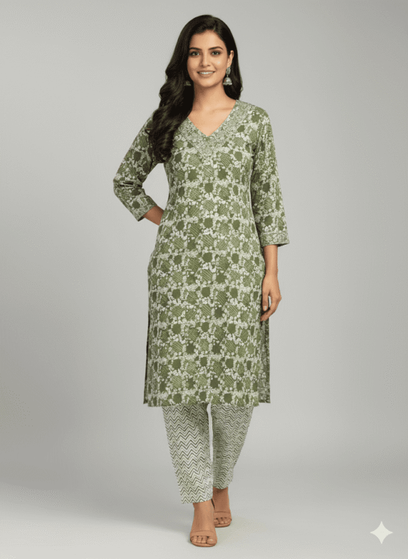 Mint Mist Printed Cotton Kurti Set
