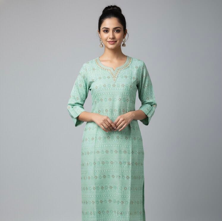 Neck Line Embroidered Light Green Casual Kurti