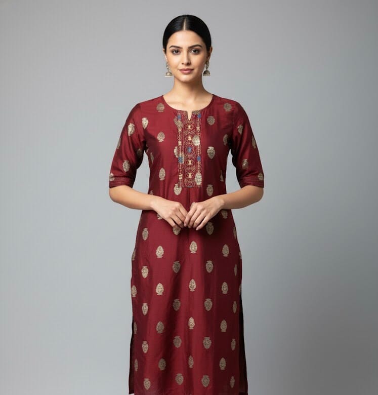 Maroon Embroidered Casual kurti