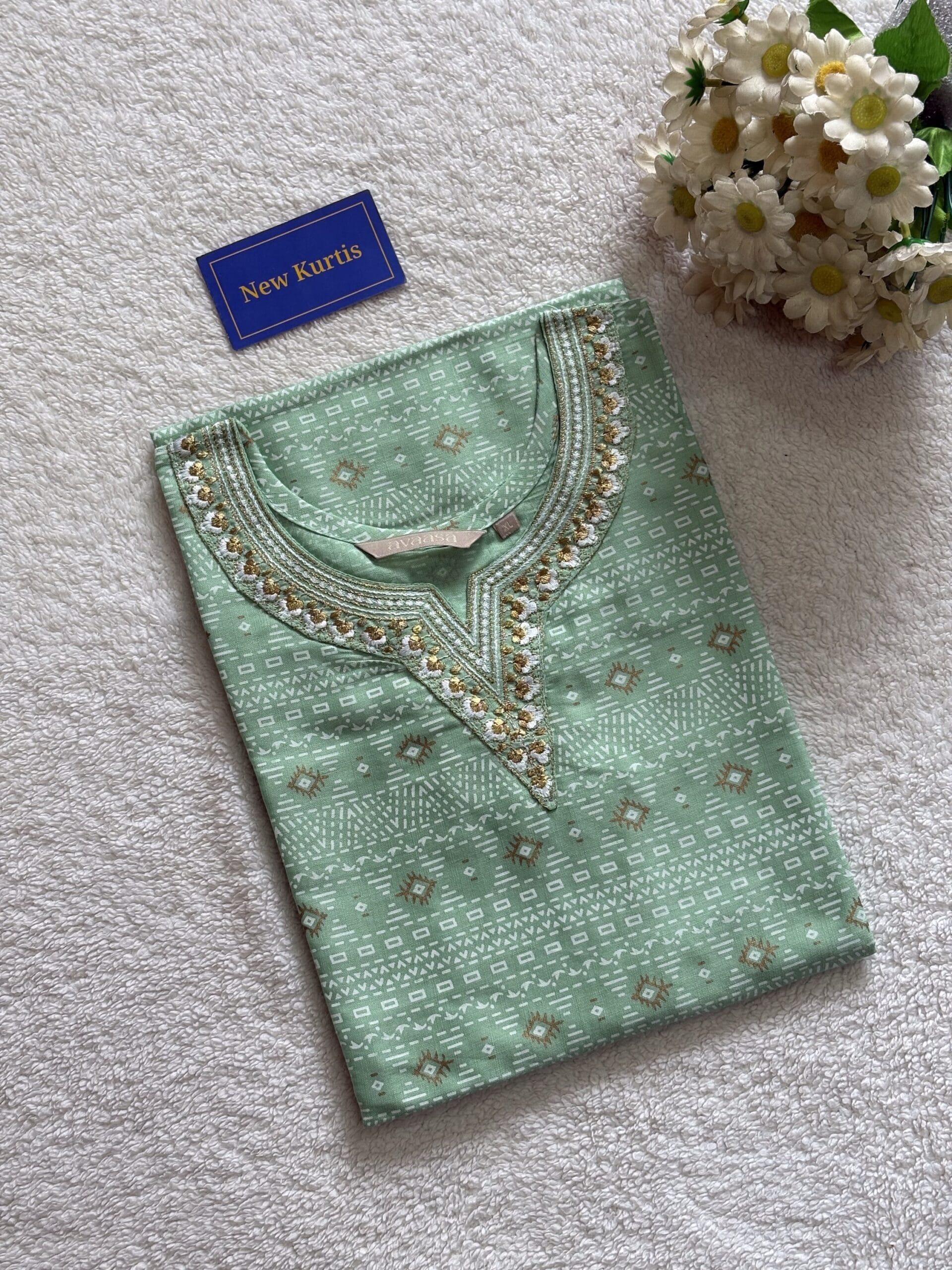 Neck Line Embroidered Light Green Casual Kurti