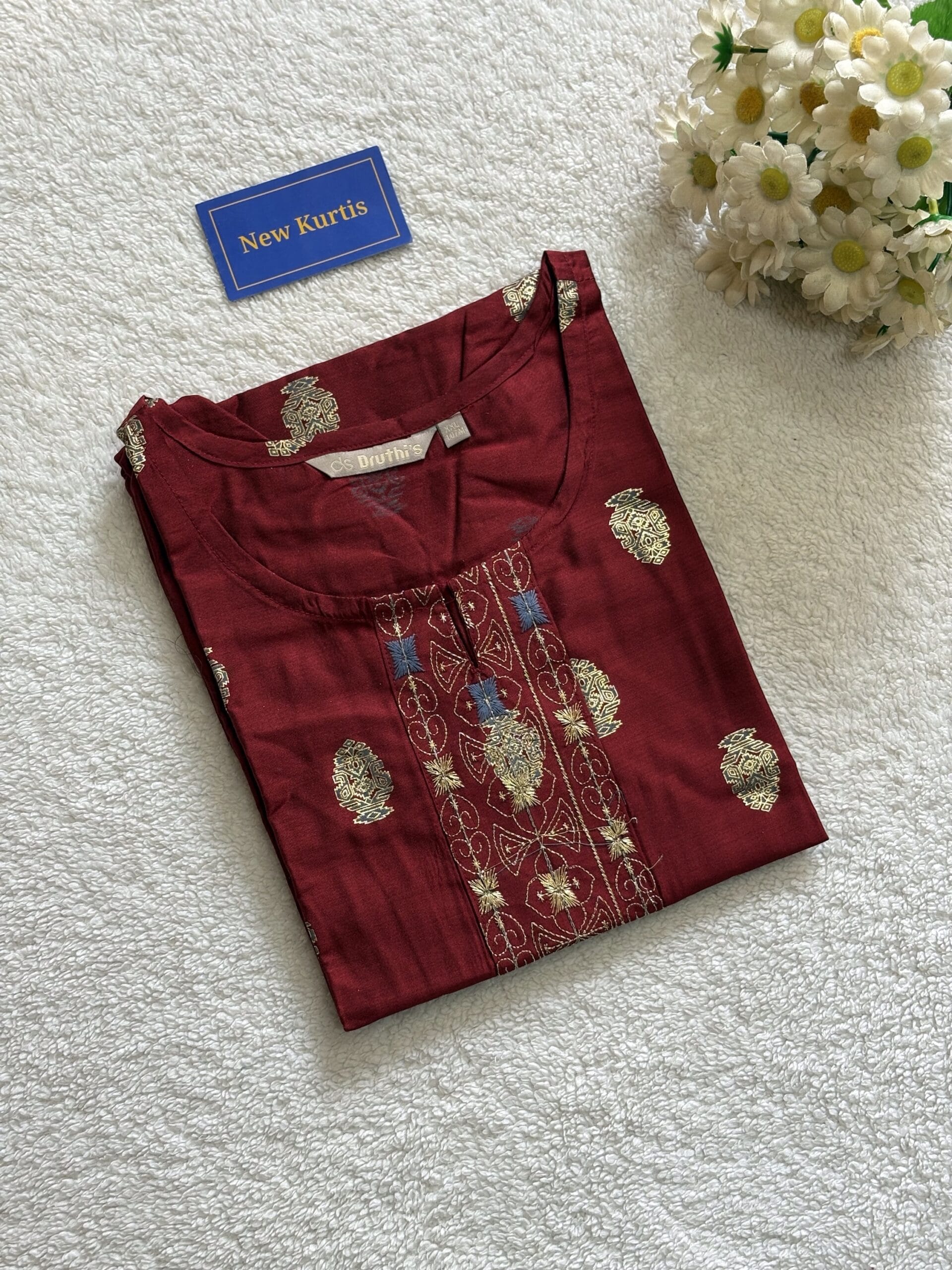 Maroon Embroidered Casual kurti
