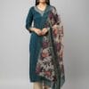 Peacock Green Kurti Set With Floral Print Shawl