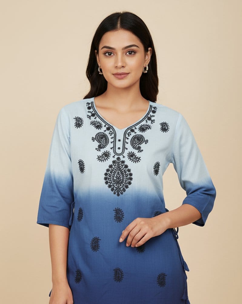 Blue Embroided Short Kurti