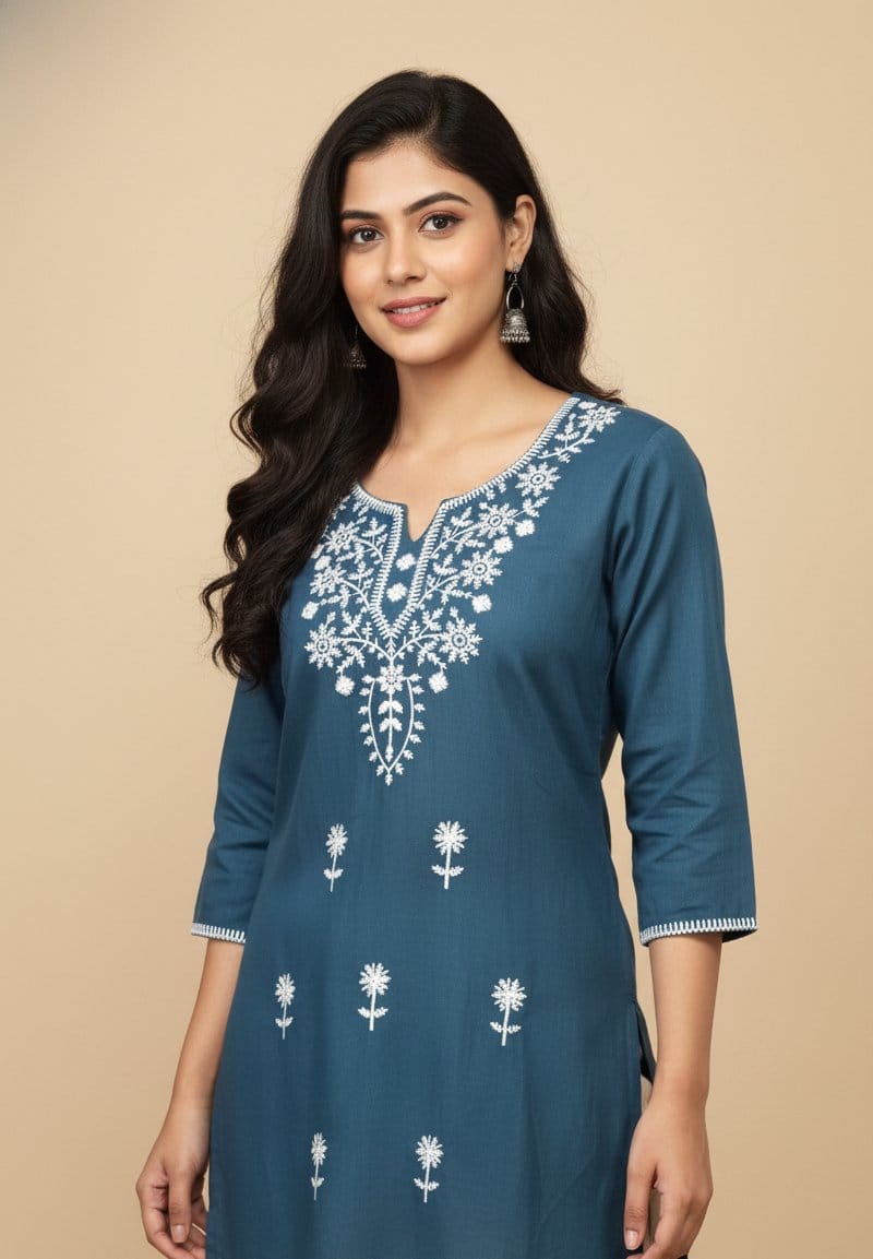 Blue Embroided Short Kurti