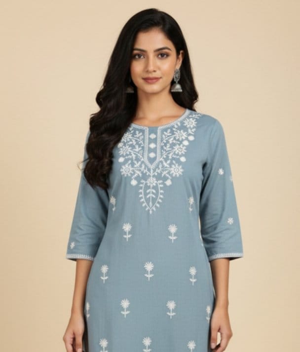 Light Blue Embroided Short Kurti