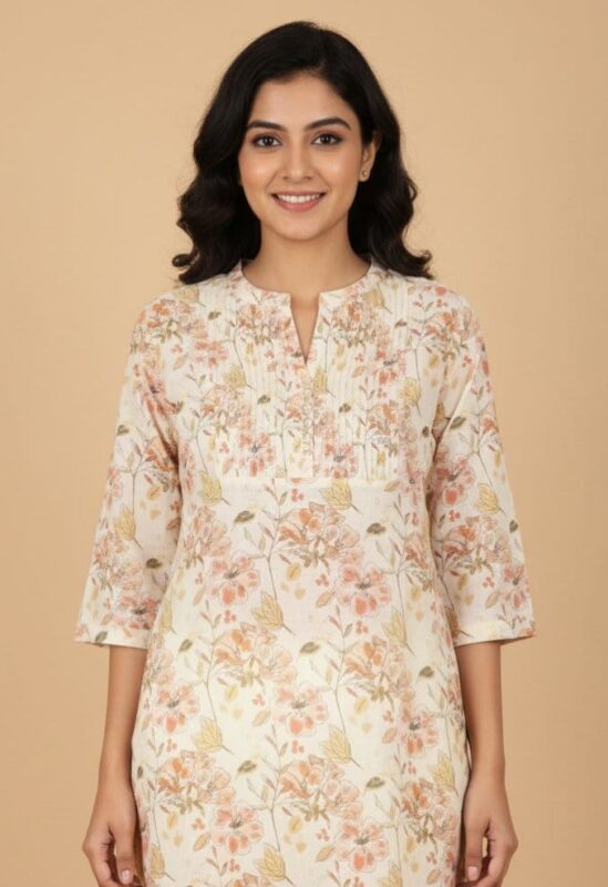 Off -White Flower Print Short Kurti