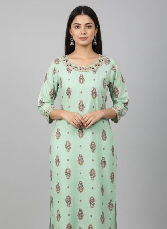 Round Neck Pastel Green Casual Kurti