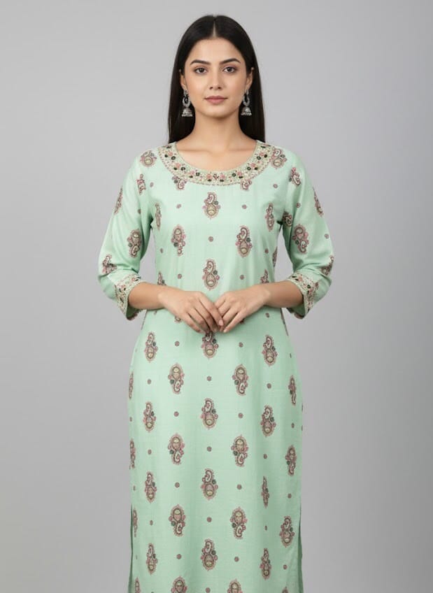 Round Neck Pastel Green Casual Kurti