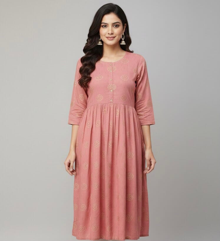 Gold Print Pink Anarkali Kurti