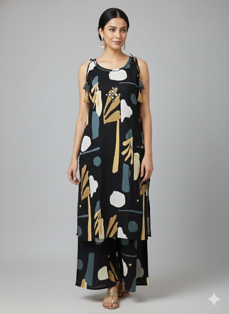 Block Print Black Sleeveless Co -Ord Set