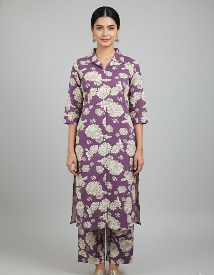 Purple And White Floral Co-Ord Set