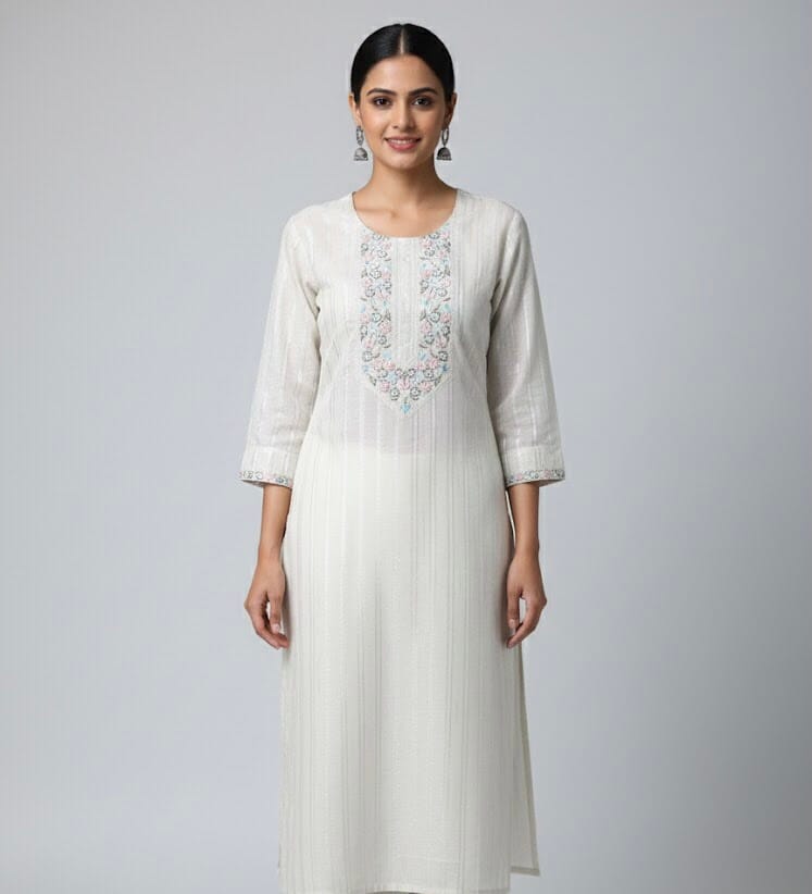 Cotton White Embroidered Casual Wear