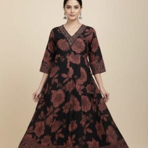 Black Anarkali With Red Floral Print