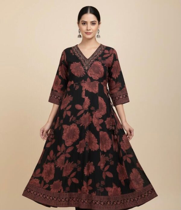 Black Anarkali With Red Floral Print