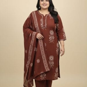 Brown And White Cotton Plus Size Set