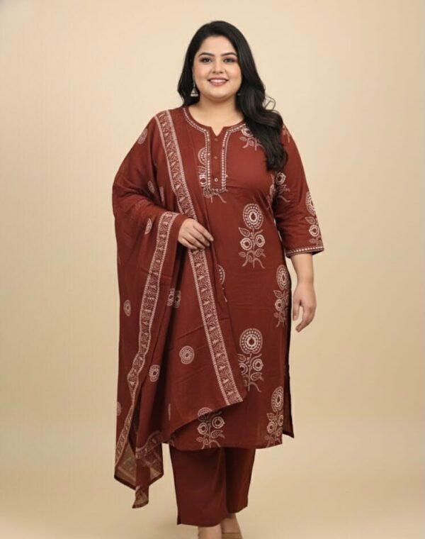 Brown And White Cotton Plus Size Set
