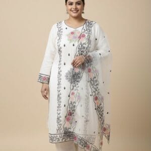 White Embroidered Plus Size Kurti Set