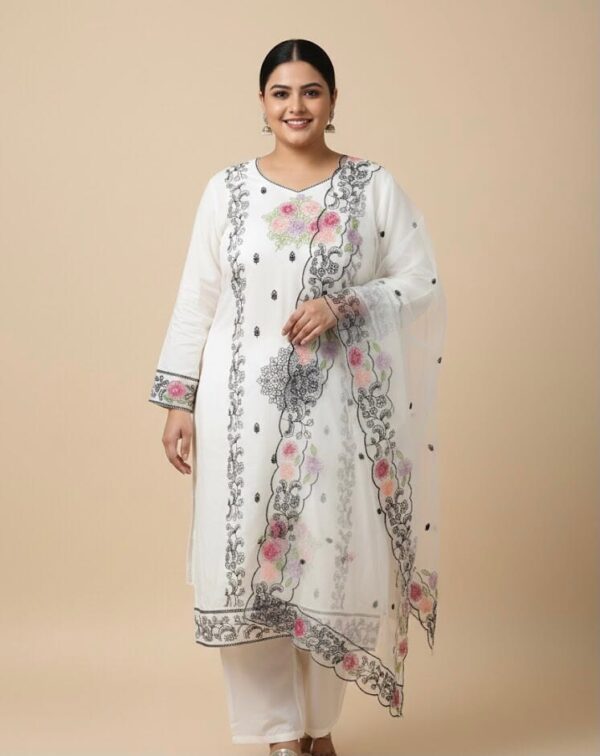 White Embroidered Plus Size Kurti Set