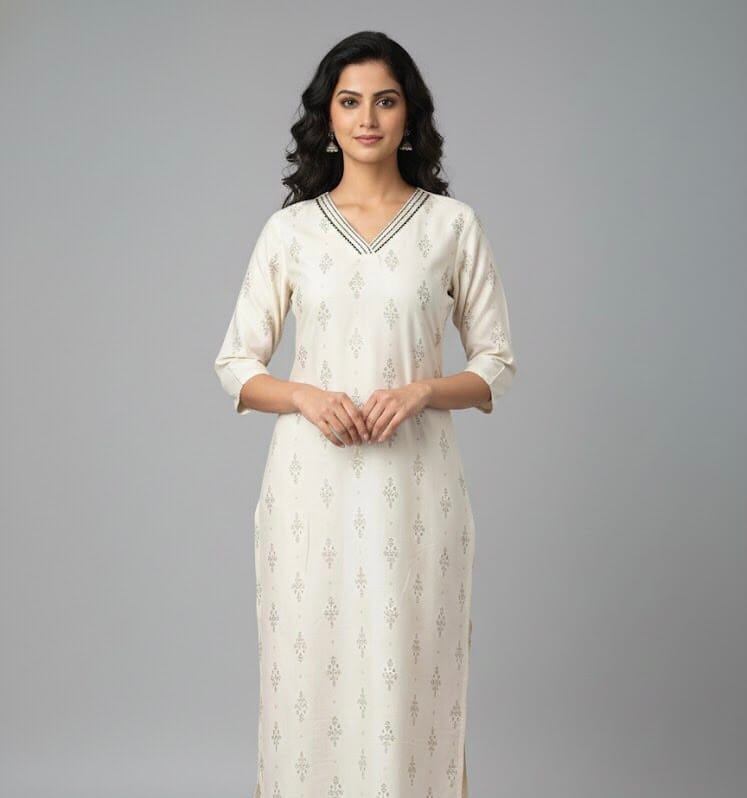 Off White Elegance V -Neck casual kurti