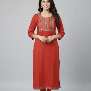 Plain Red Embroidered Casual Kurti