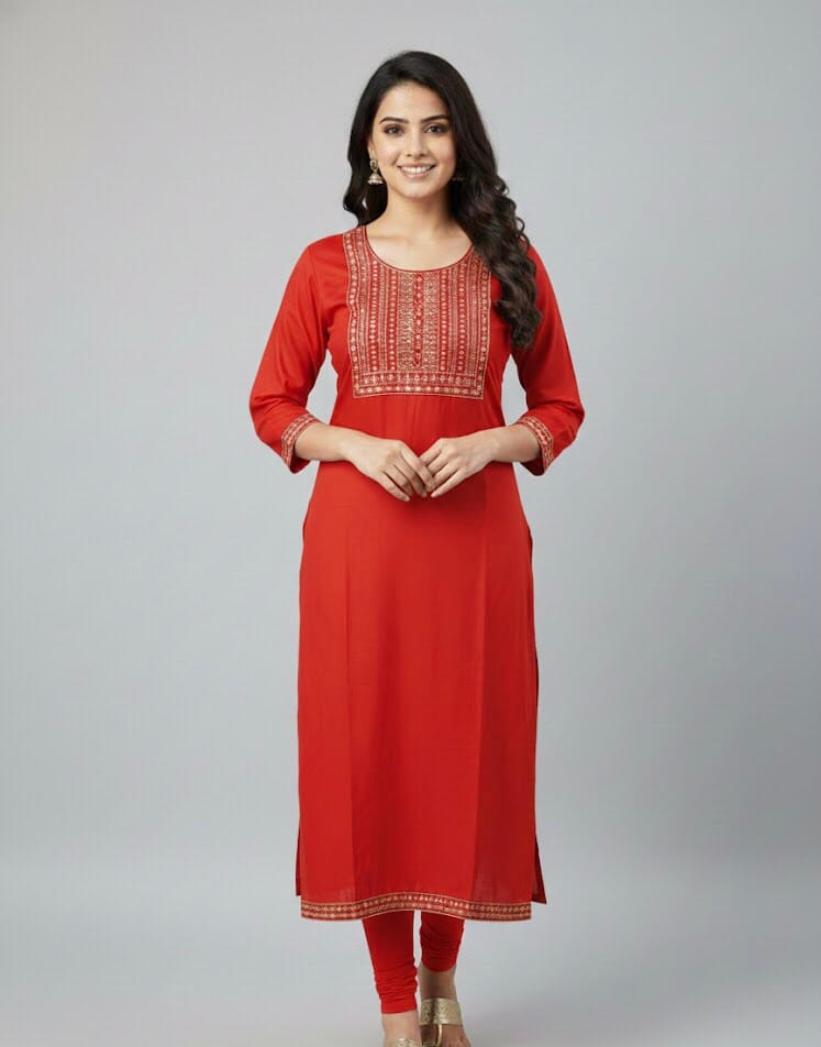 Plain Red Embroidered Casual Kurti