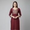 Plain Maroon Embroidered Casual Kurti