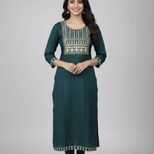 Plain Bottle Green Embroidered Casual Kurti