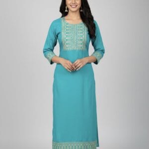 Aqua Blue Embroidered Casual Wear
