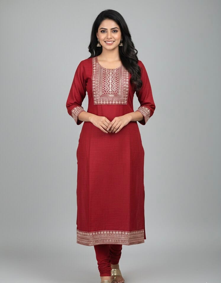 Reddish Plain Embroidered Casual Kurti
