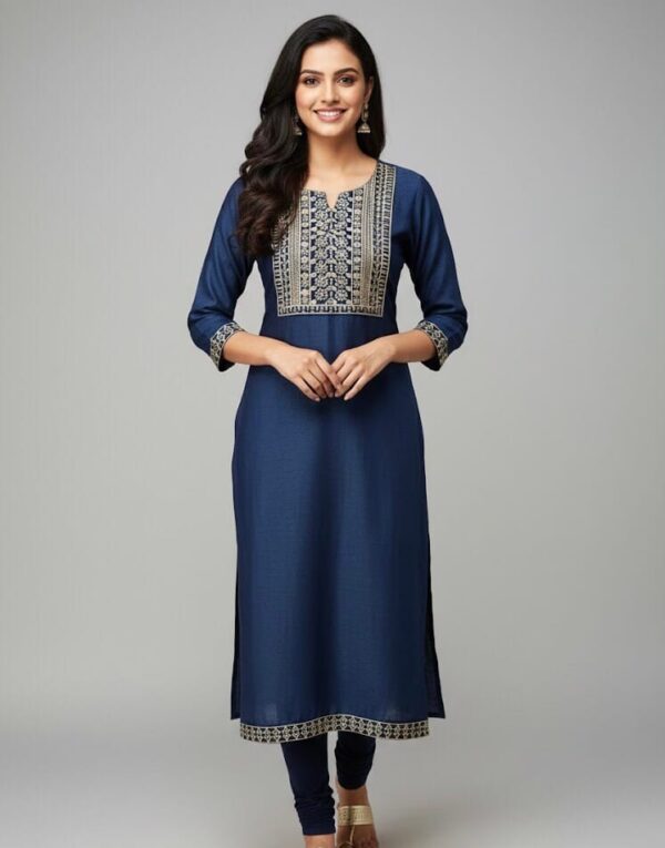 Plain Blue Embroidered Casual Kurti