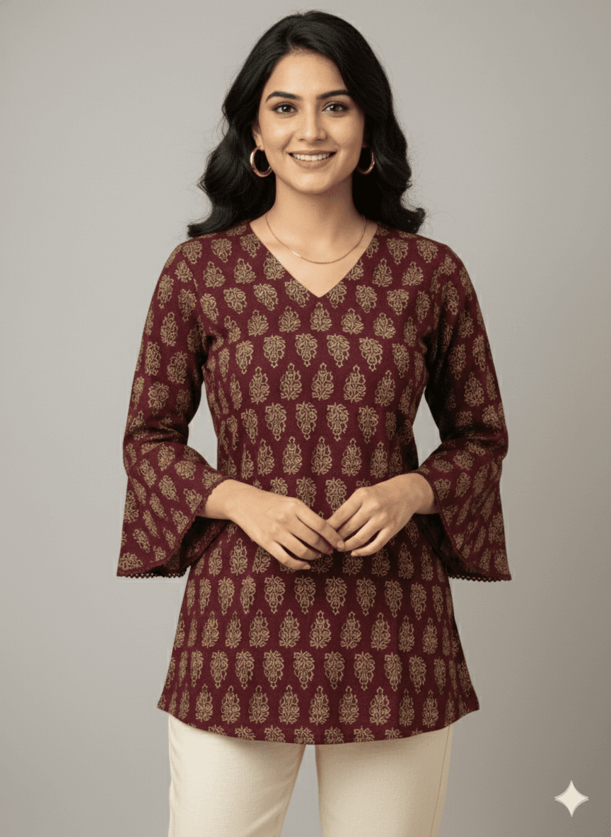 Traditional Printed Maroon Short Kurti
