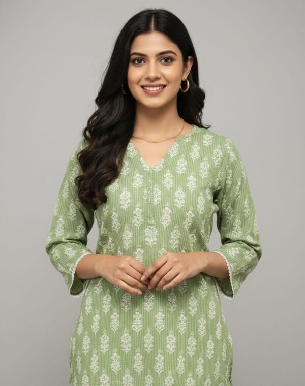 Olive Charm White Printed Short Kurti