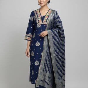 Navy Blue Jacquard Silk Kurti Set