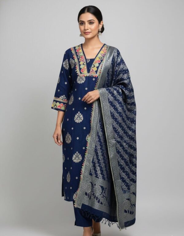 Navy Blue Jacquard Silk Kurti Set
