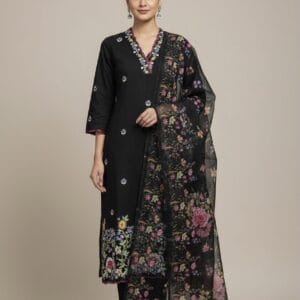 Black Mul Chanderi Kurti Set With Floral Organza Duppatta