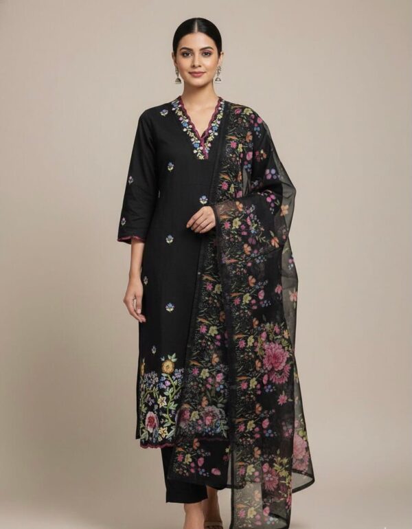 Black Mul Chanderi Kurti Set With Floral Organza Duppatta