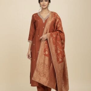 Orange Chanderi Kurti Set With Banarasi Duppatta