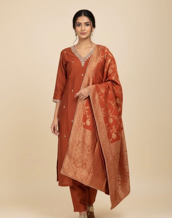 Orange Chanderi Kurti Set With Banarasi Duppatta