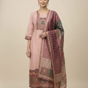 Peach Pink Printed Chanderi Kurti Set