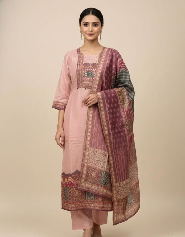 Peach Pink Printed Chanderi Kurti Set